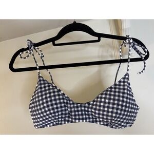 J CREW Navy Blue Seersucker Gingham Bikini Top L Bow Tie Straps